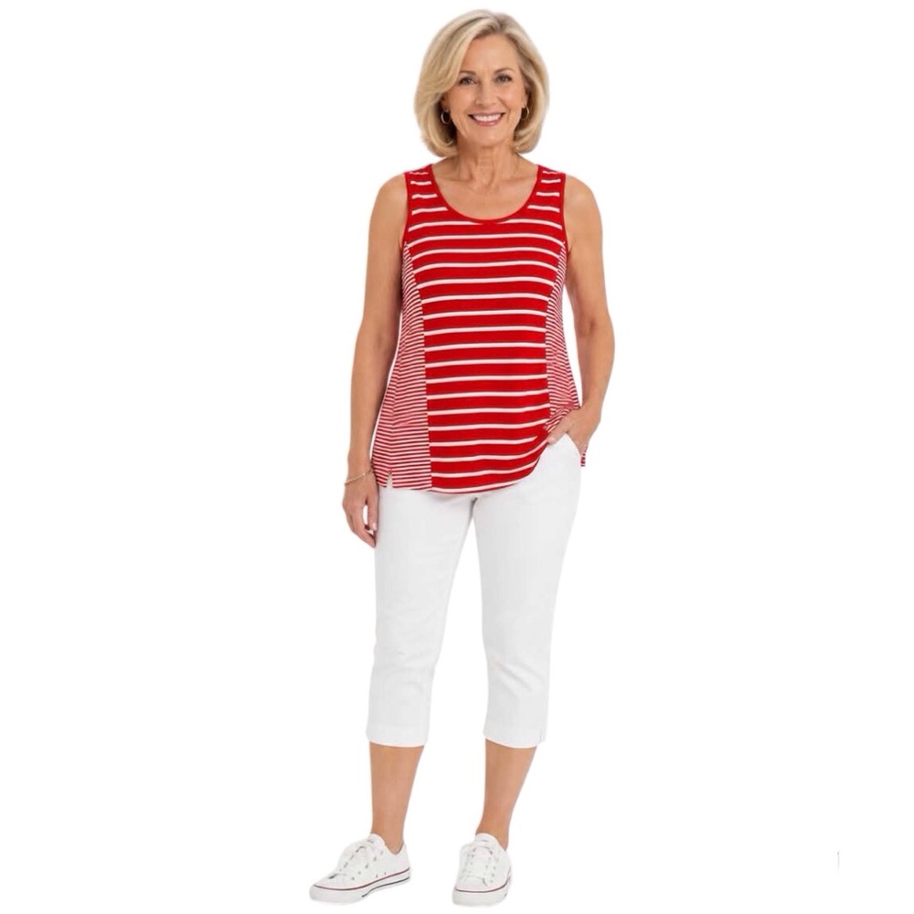 Anne Klein Sport Top Sleeveless Red Striped Tee Shirt Size Small